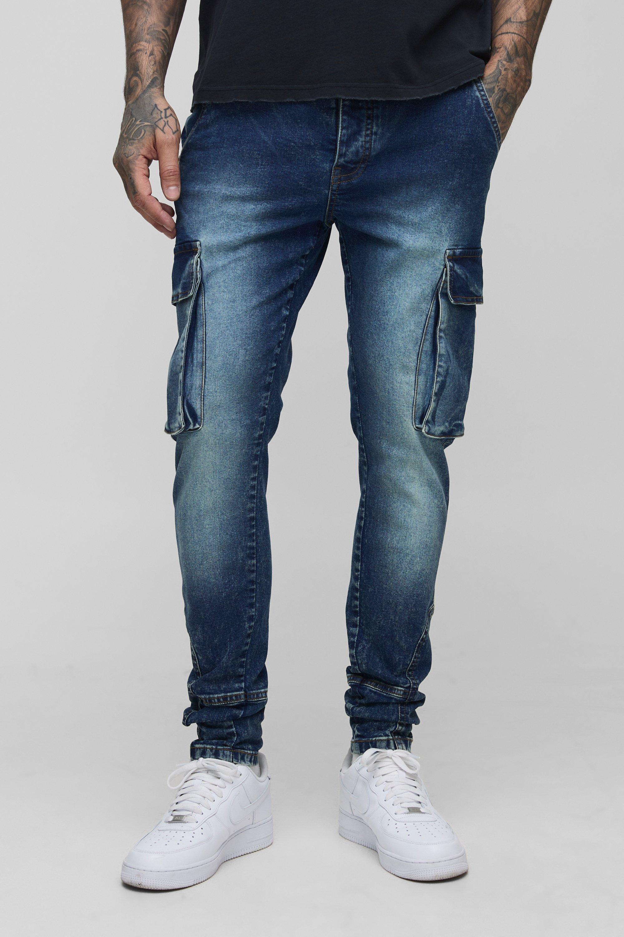 Mens Grey Tall Washed Cargo Seam Detail Skinny Jeans, Grey